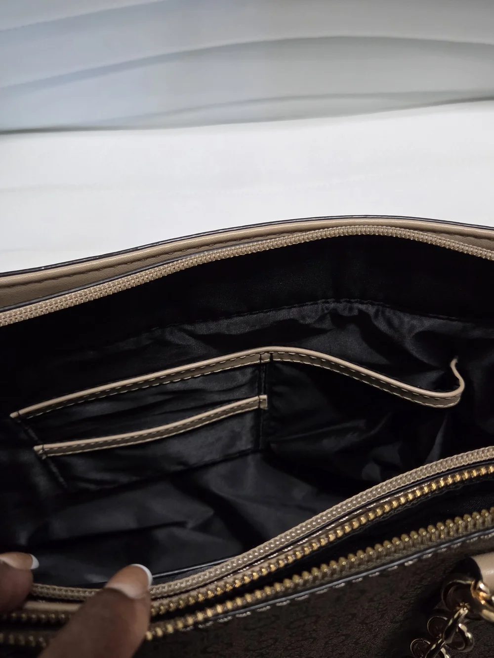 GUESS Factory Ellison Monogram Satchel Handbag in Brown with Gold Hardware